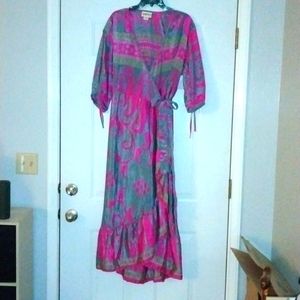 Darn Good Yarn Zaria Wrap Dress, inclusive size 8-18, pink, grey, green